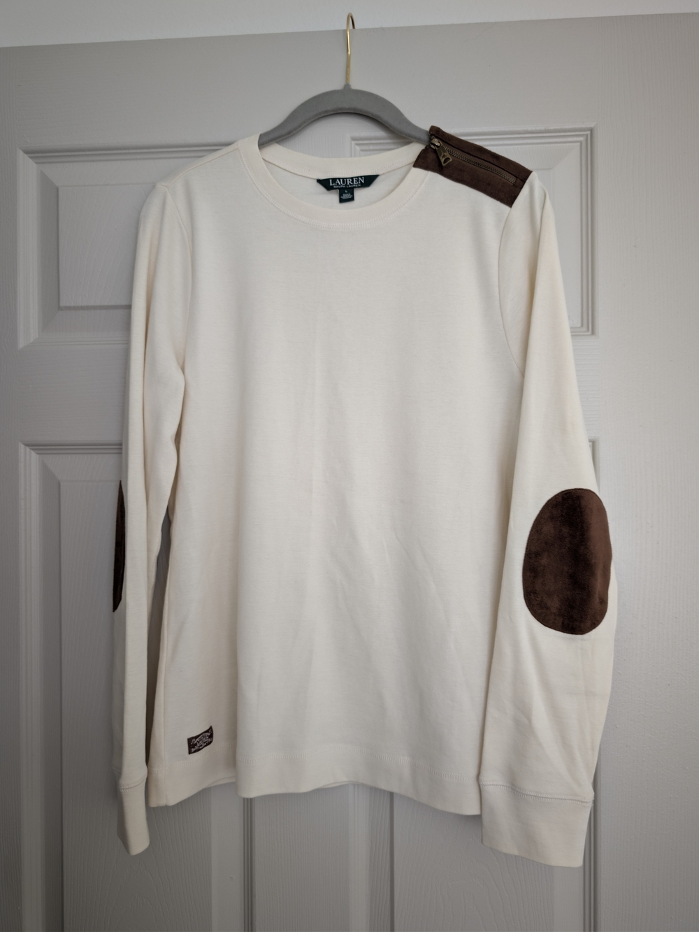 Lauren Ralph Lauren Cream Crewneck T-shirt, Brown Elbow Patches & Zip Shoulder